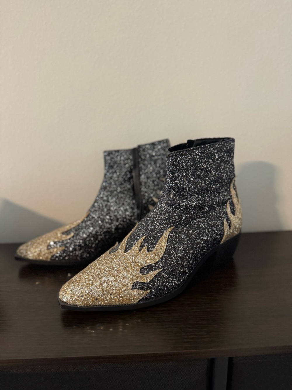 ASOS Black and Gold Glitter Flame Ankle Boots